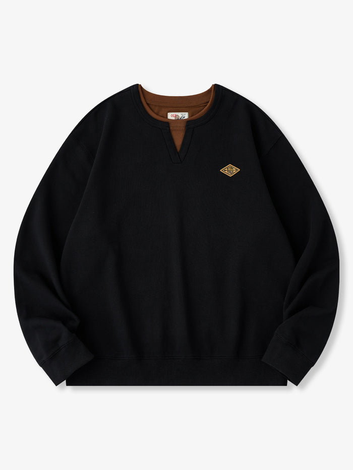 “STAY TRUE” V-Neck Layered Crewneck Sweatshirt