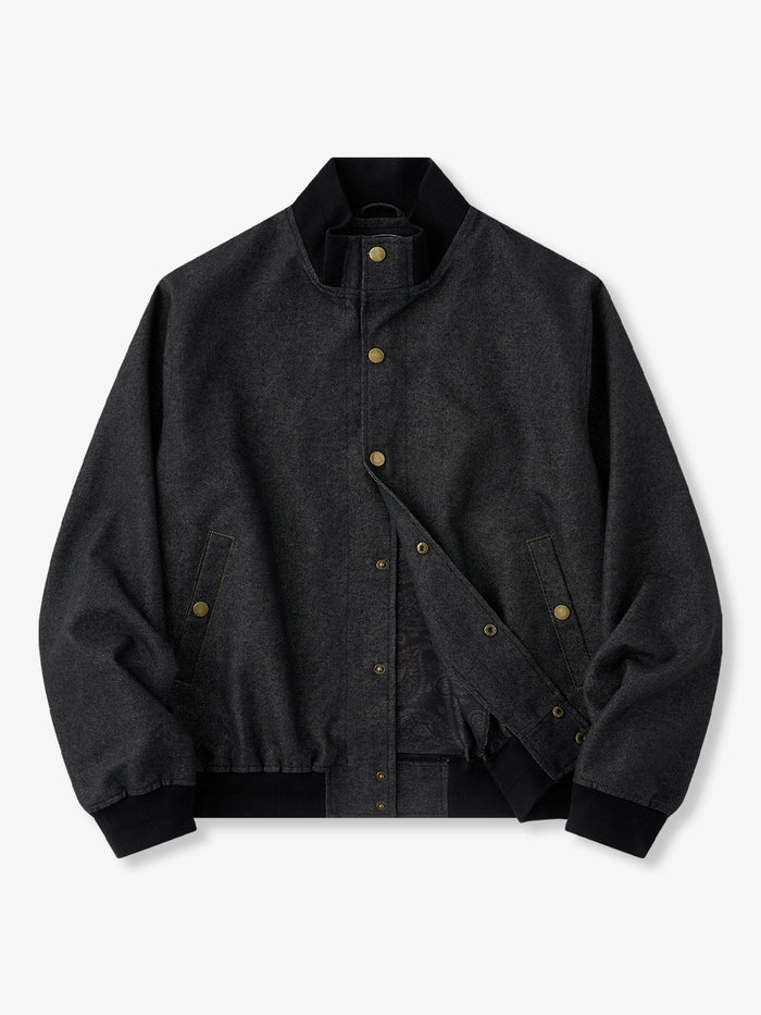 Washed Denim Stand-Collar Jacket with Paisley Detail