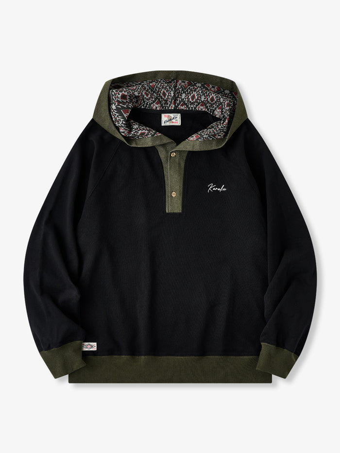 Contrast Denim Hooded Half-Button Pullover with Ethnic Print Lining