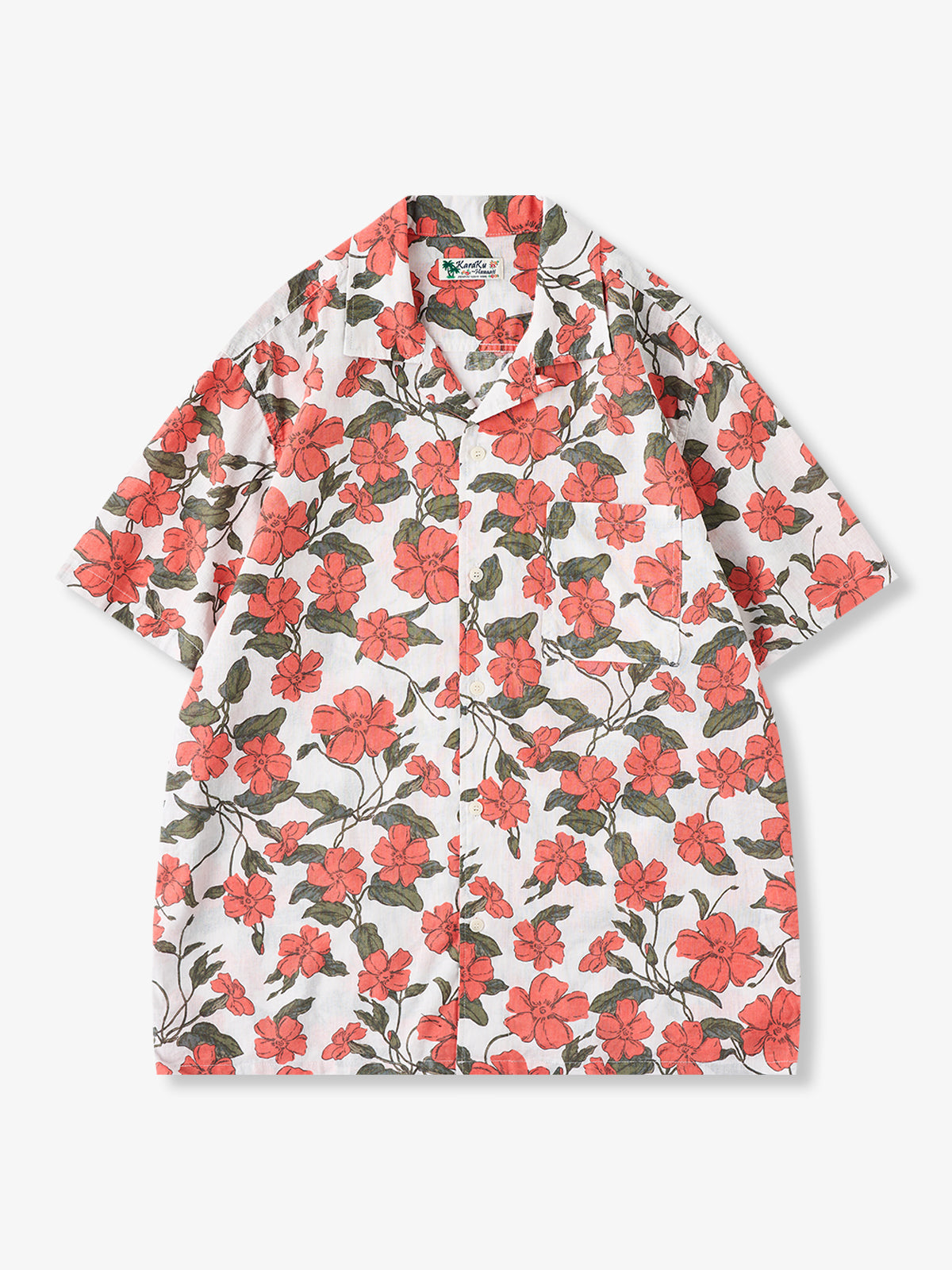 Red Morning Glory Print Cotton-linen Cuban Shirt