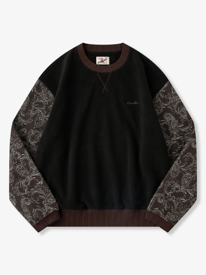 Sherpa Fleece Pullover Sweatshirt with Paisley Denim Sleeves