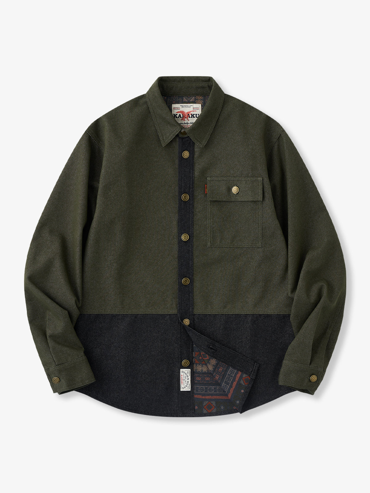 Vintage Ethnic Back Print Contrast Denim Work Shirt