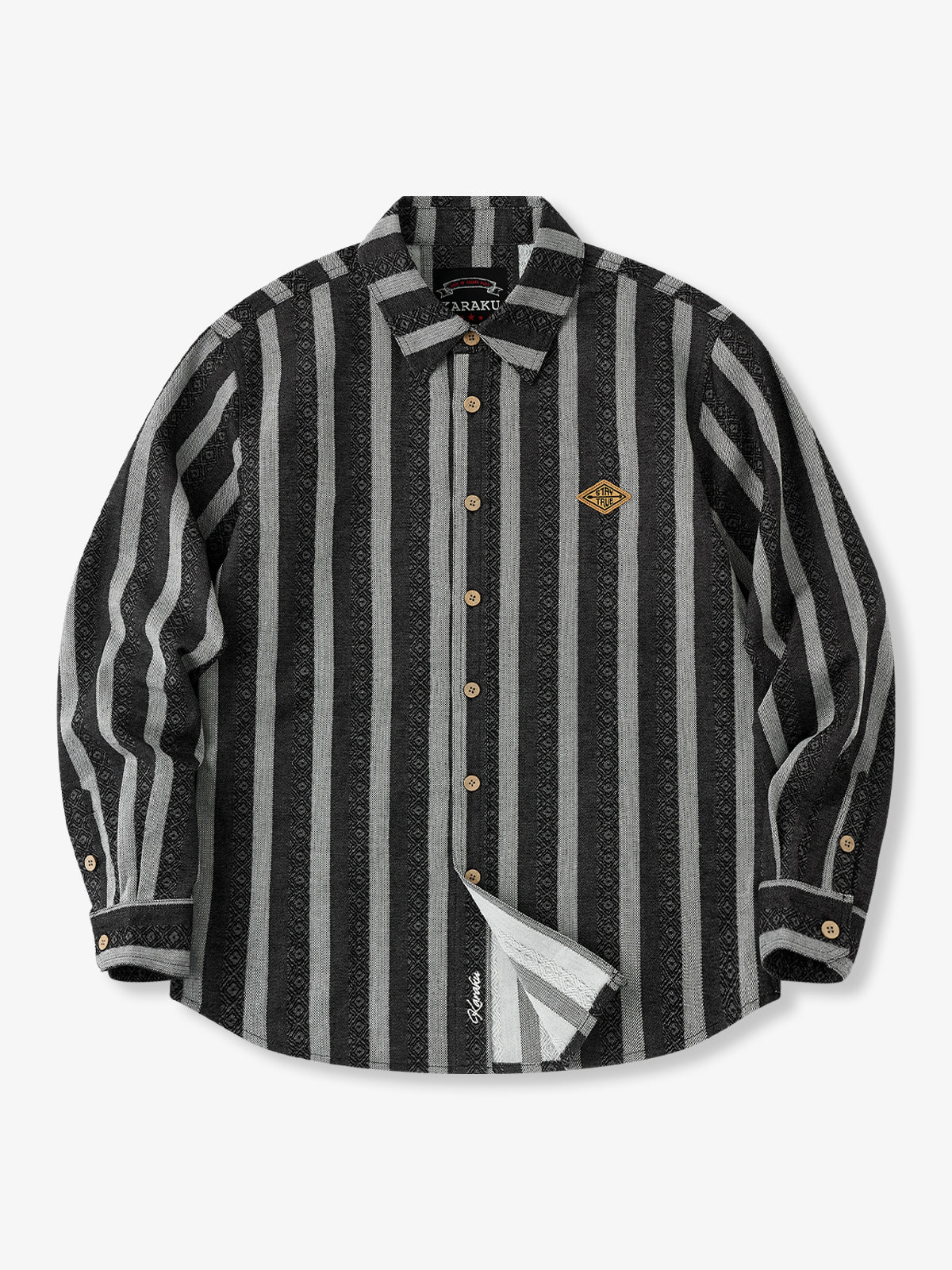 [Pre-order] “STAY TRUE” Embroidered Patch Ethnic Jacquard Stripe Denim Shirt
