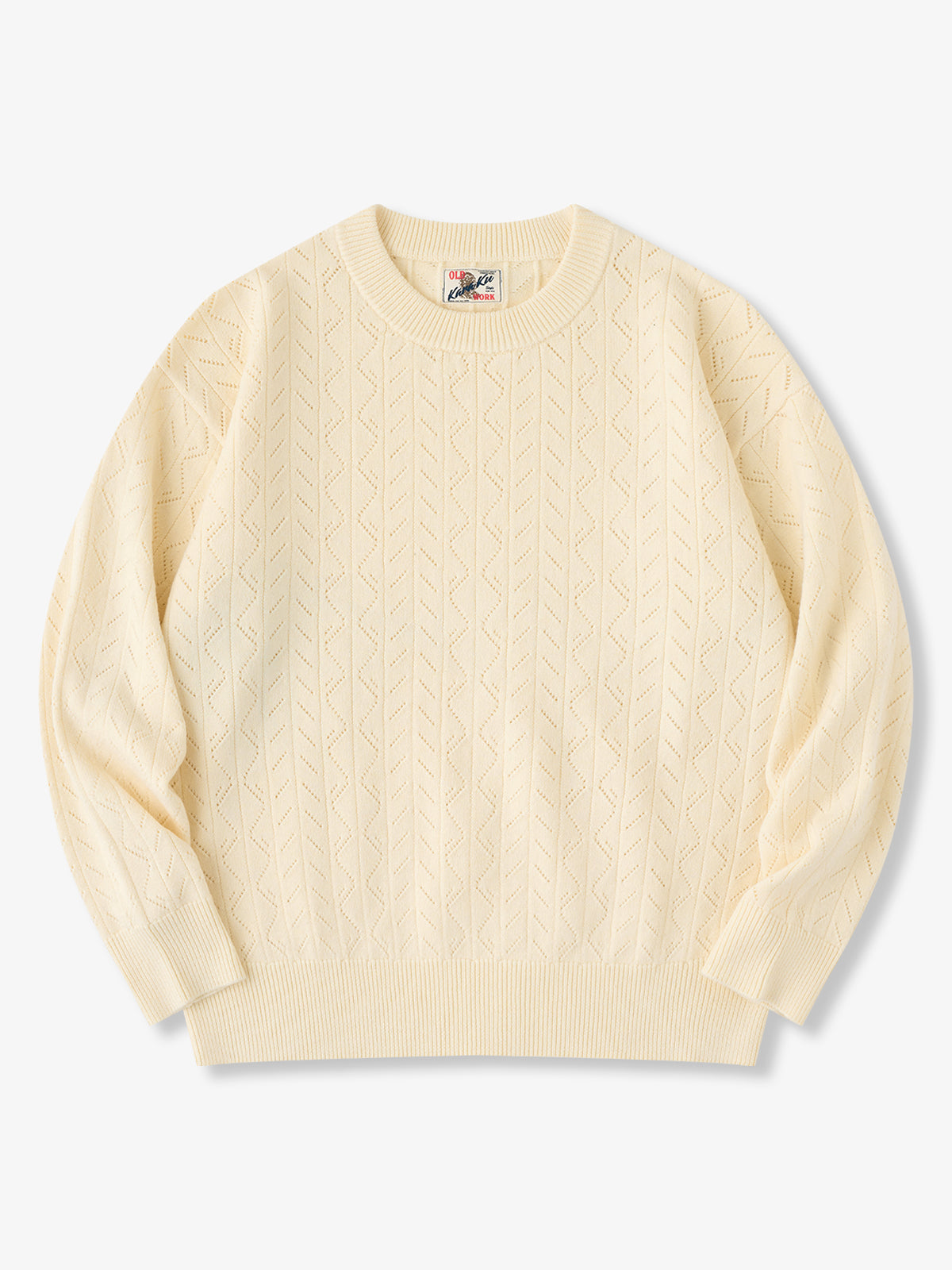 Geometric Open-Knit Crewneck Sweater