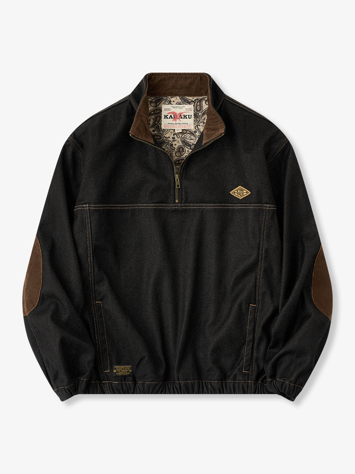 Brushed Paisley-Lined Half-Zip Denim Sweatshirt