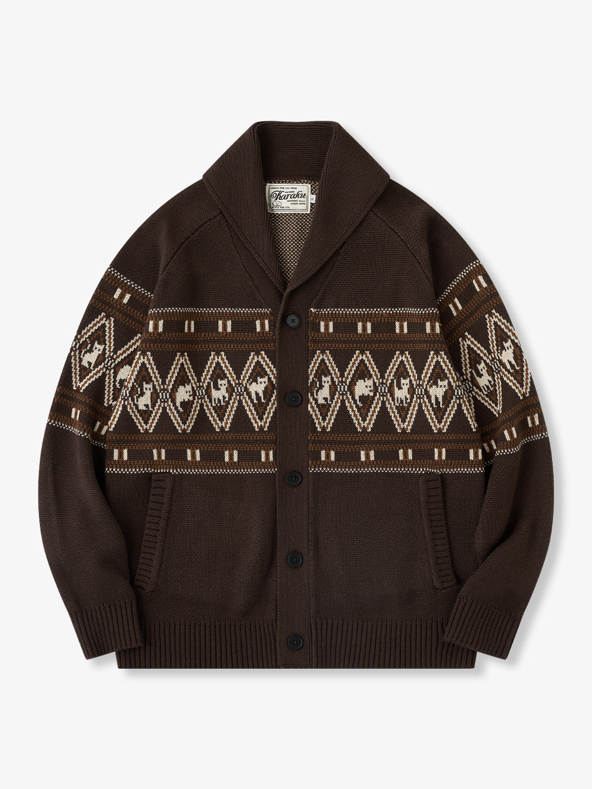 [Pre-Order] Geometric Cat Jacquard Knit Cardigan with Shawl Collar