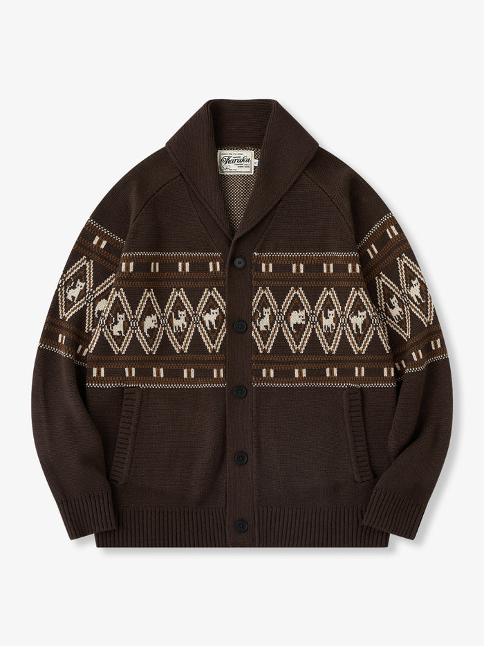 [Pre-Order] Geometric Cat Jacquard Knit Cardigan with Shawl Collar