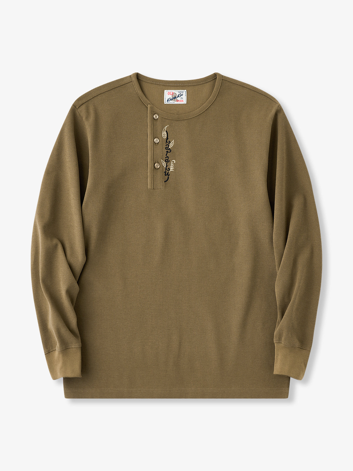 [Pre-order] Batik-Washed Waffle Henley Long Sleeve T-Shirt with Paisley Embroidery