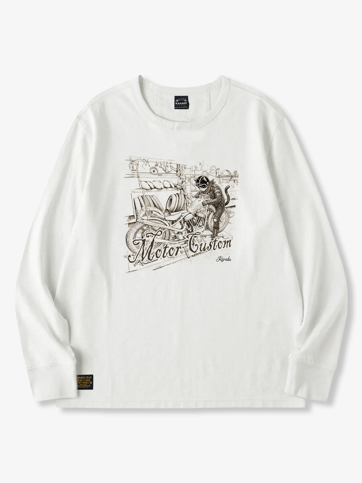 [Pre-order] “Cat Motorcycle Workshop” Hand-Drawn Print Cotton Long Sleeve T-Shirt