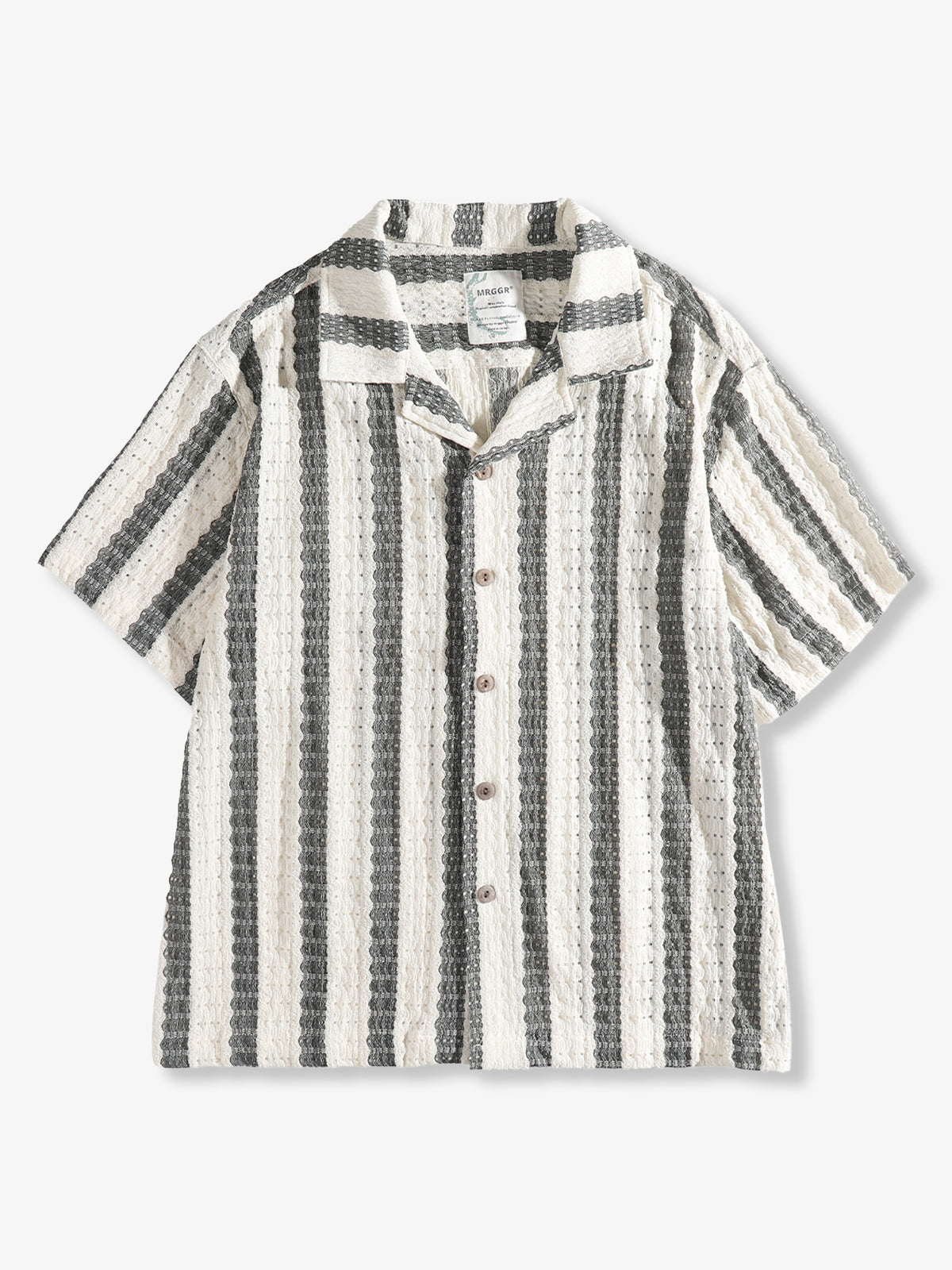 Jacquard Stripe Openwork Short Sleeve Open-Collar Shirt