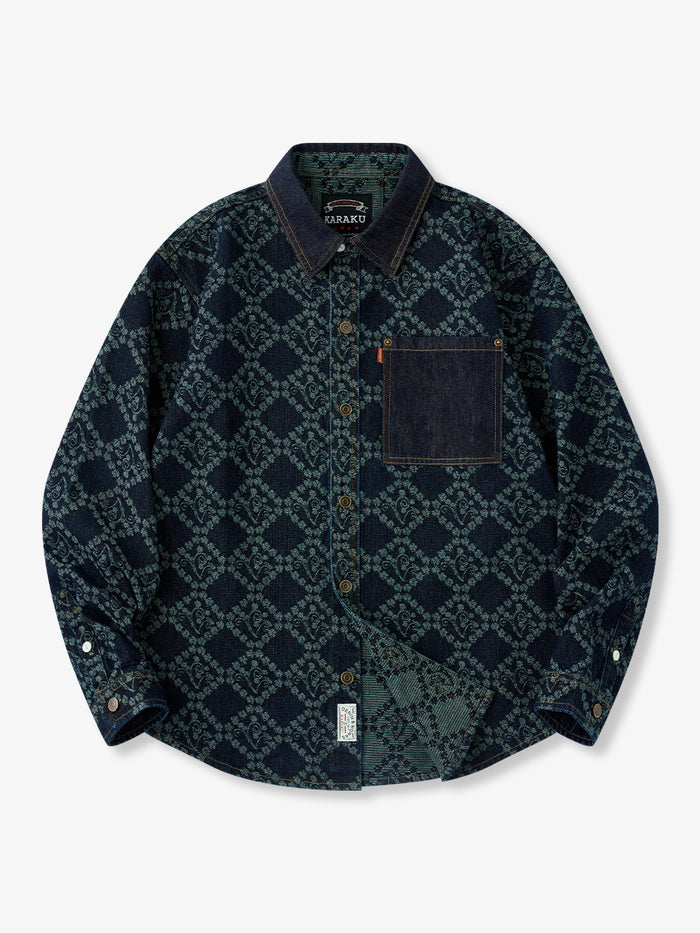 Contrast Denim Paisley Diamond Jacquard Shirt