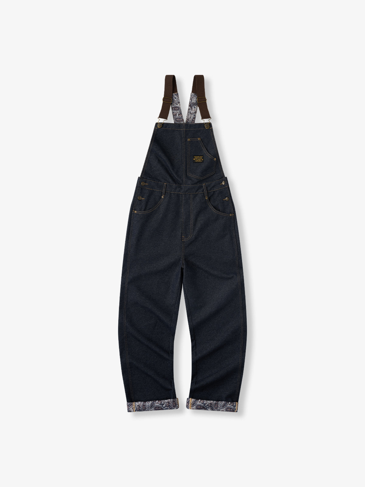 Asymmetrical Pockets Paisley Lined Denim Overalls