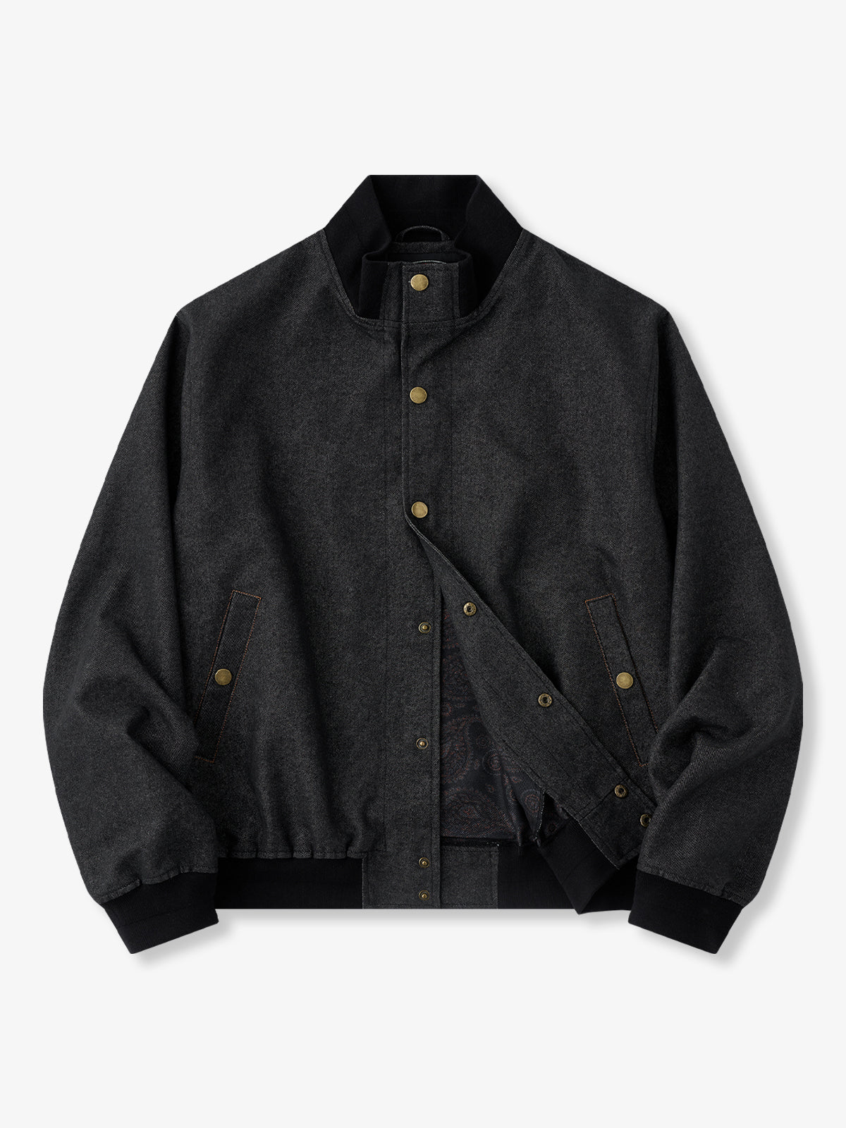 Washed Denim Stand-Collar Jacket with Paisley Detail