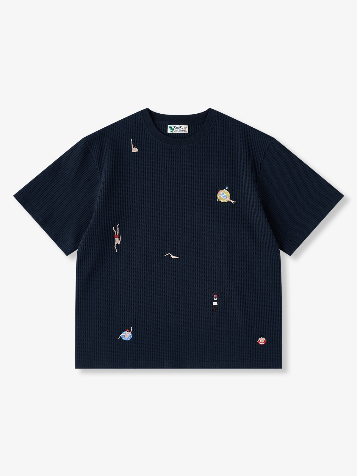 Swimming Figures Embroidered Waffle Knit T-Shirt
