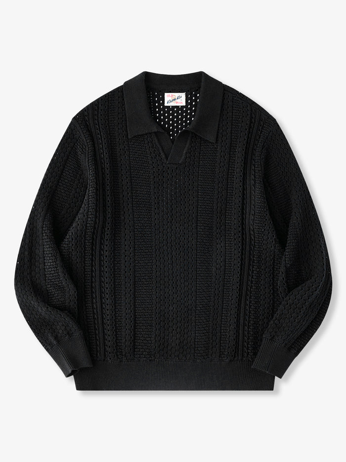 [Pre-Order] Open-Knit V-Neck Polo Sweater