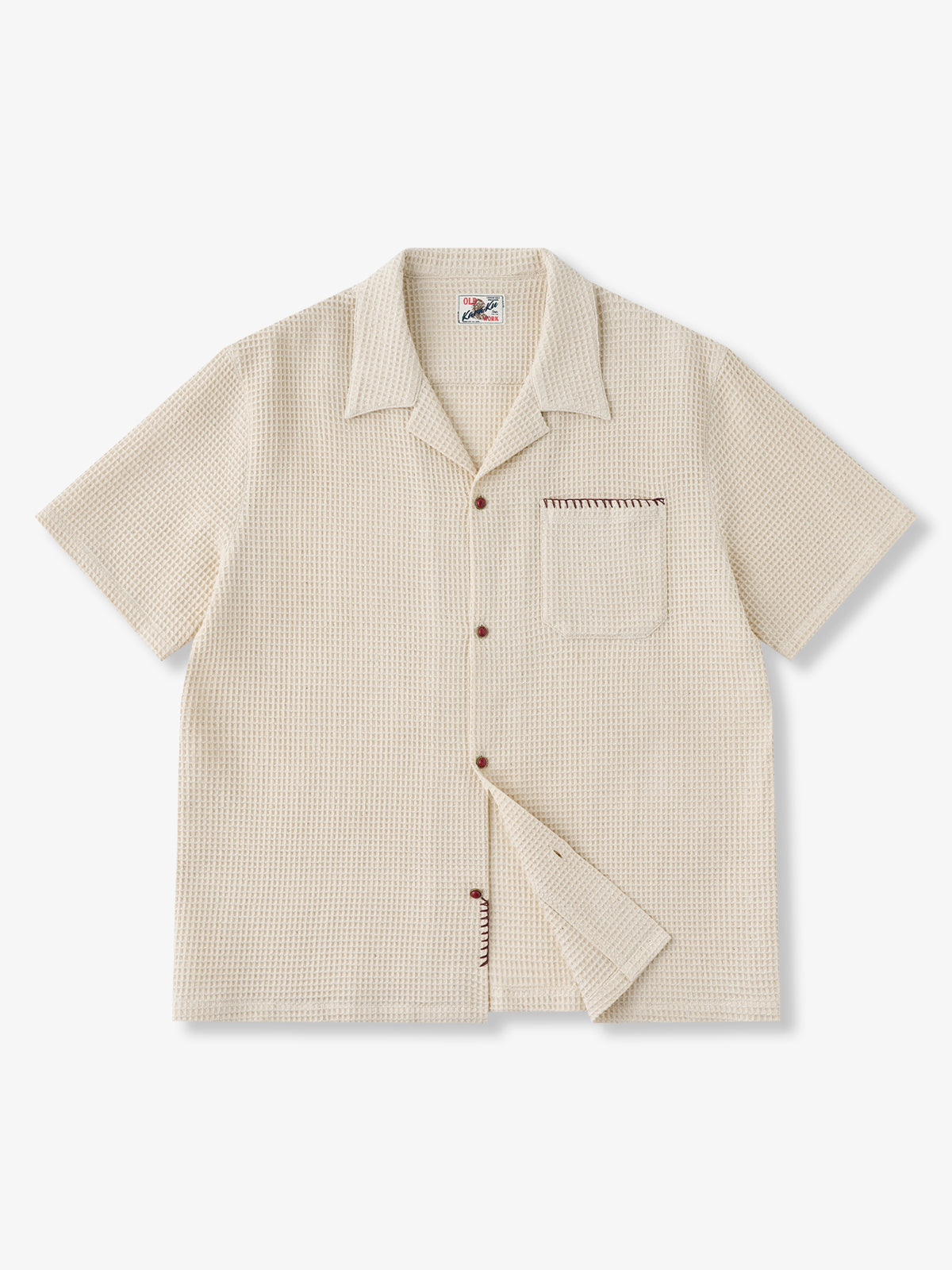Red Agate Button Waffle Cuban Collar Shirt