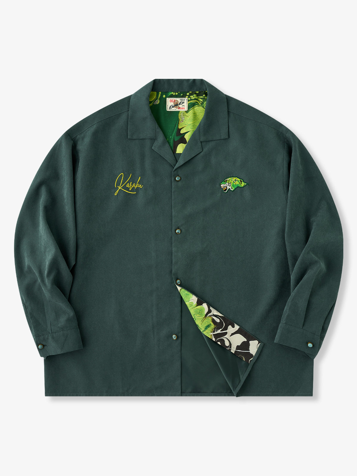 KARAKU × Rao Tanaka “Green Drift” Tiger Embroidered Peach Skin Camp Collar Shirt