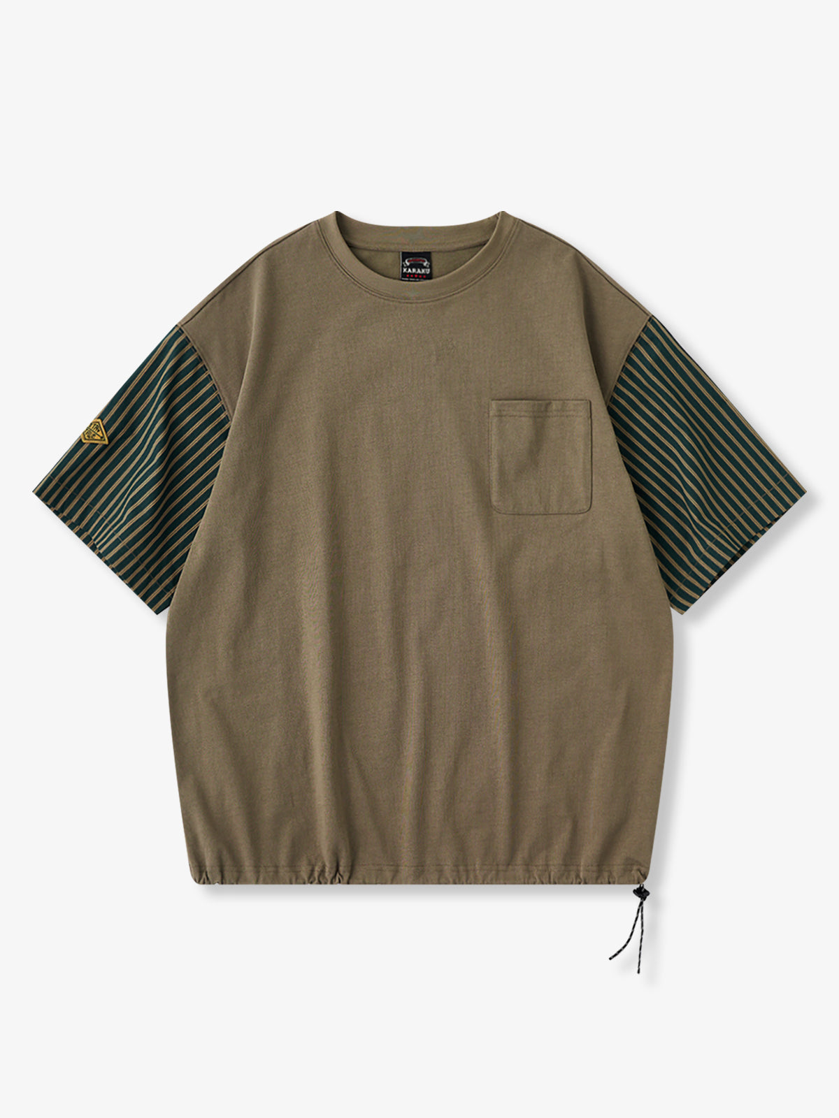 Retro Stripe Sleeve-Panel Cotton T-Shirt with Hem Drawstring