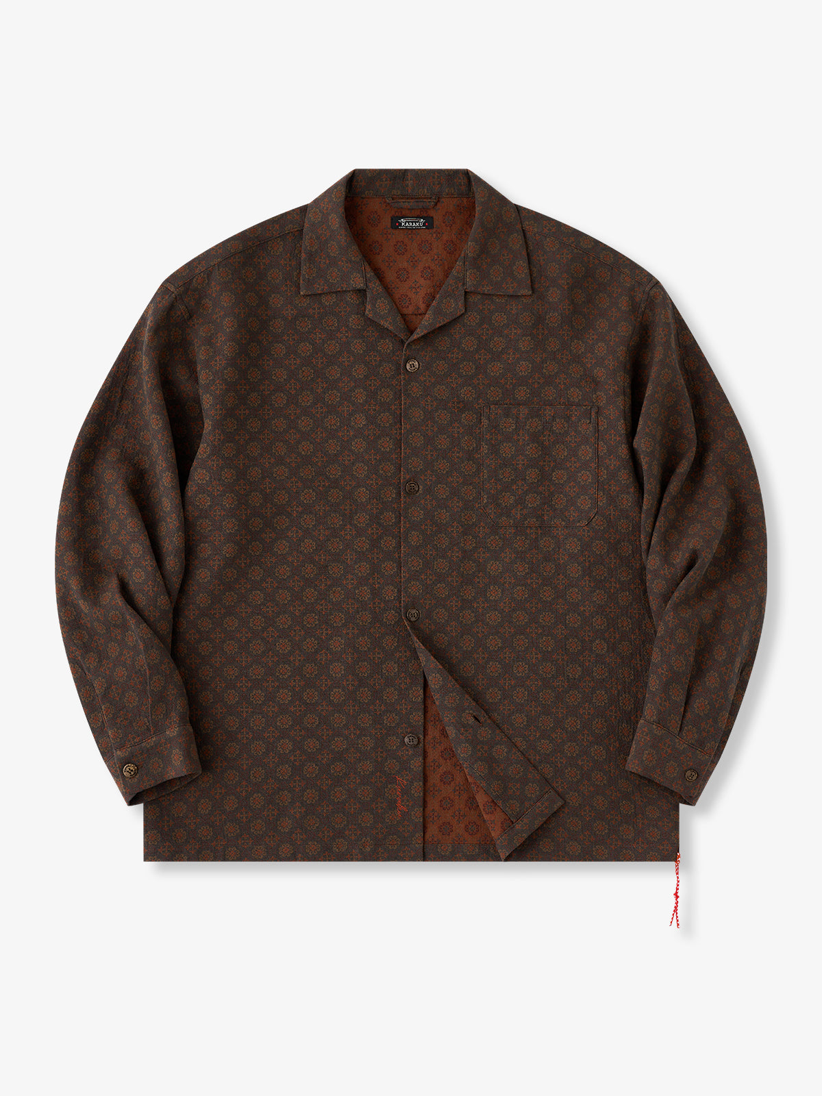 Geometric Jacquard Cotton Long Sleeve Shirt with Red White Drawstring