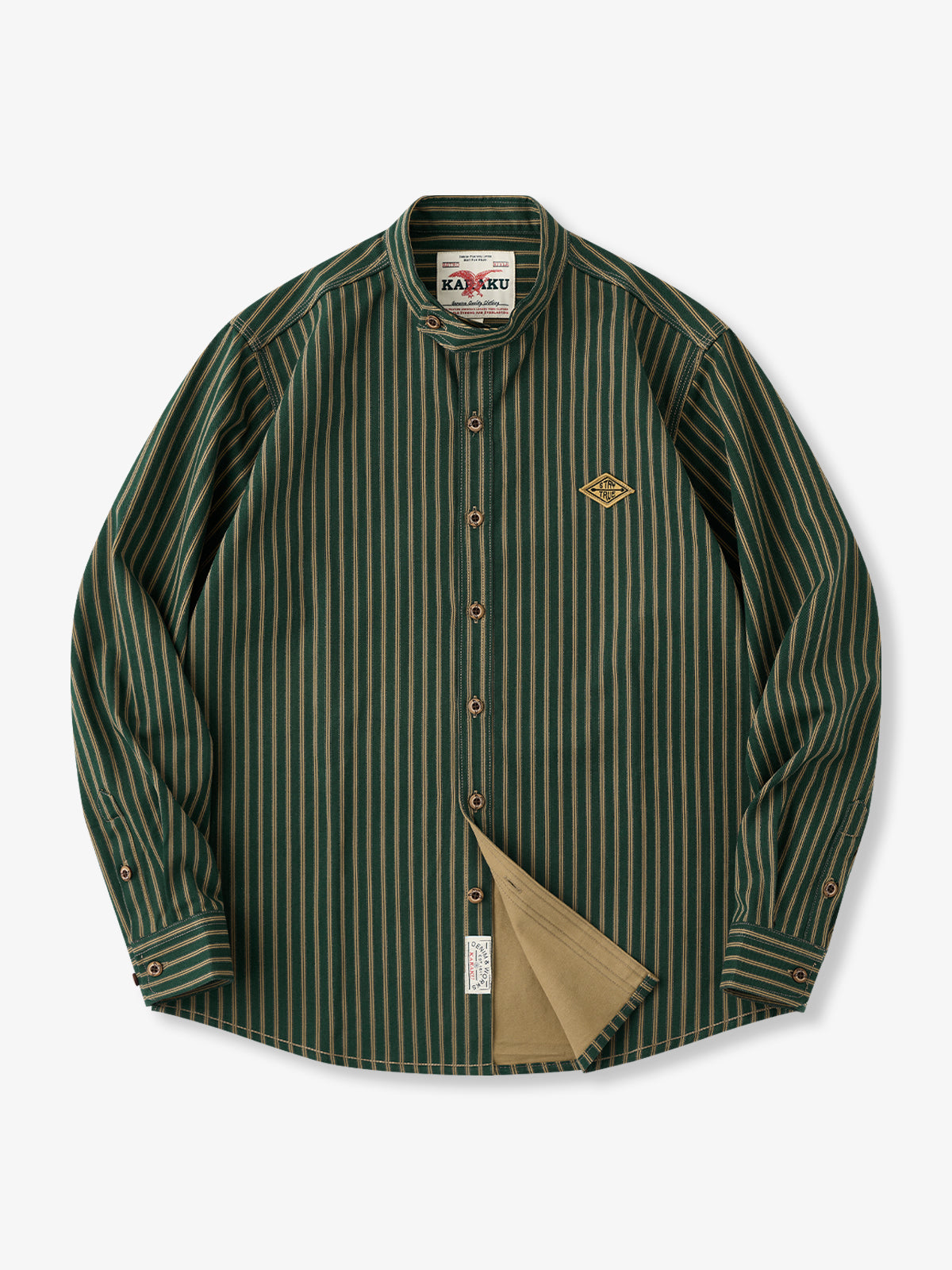 Embroidered Patch Retro Stripe Stand Collar Long Sleeve Shirt