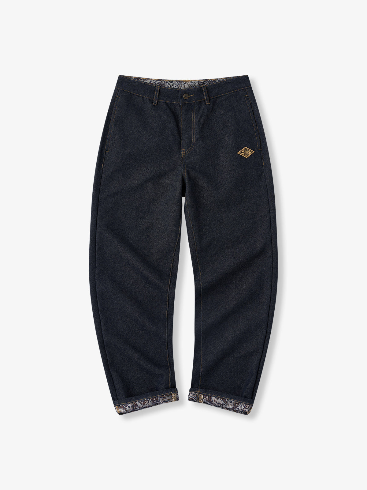 “STAY TRUE” Embroidered Patch Paisley-Lined Straight-Leg Jeans