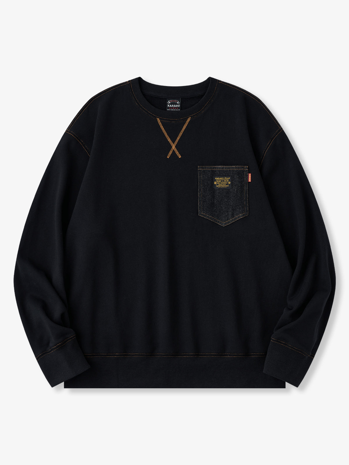 Cotton Crewneck Sweatshirt with Denim Chest Pocket & Retro Orange Stitching
