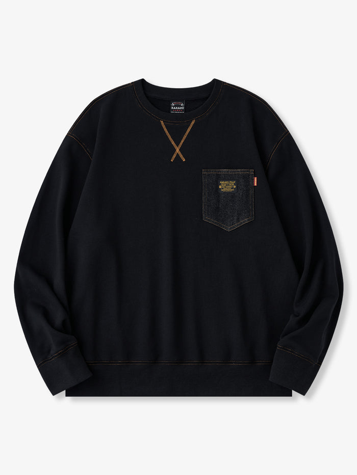 Cotton Crewneck Sweatshirt with Denim Chest Pocket & Retro Orange Stitching