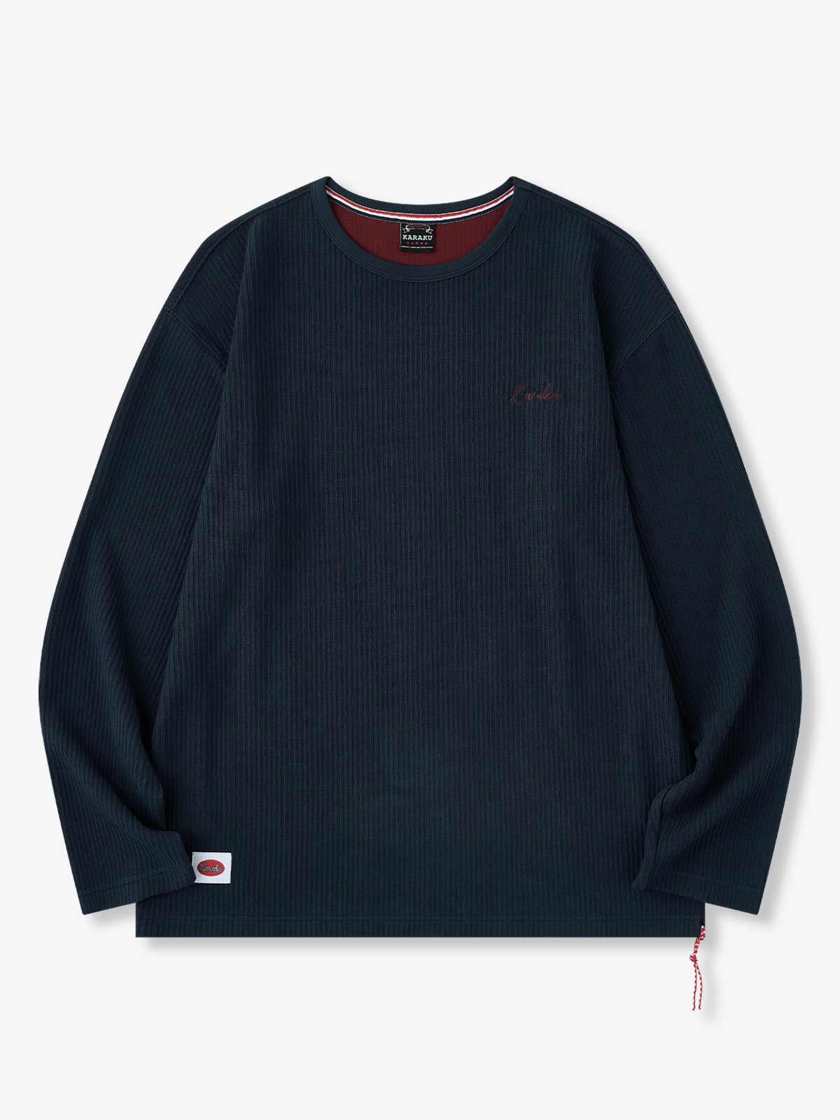Red Cord Stripe Textured Knit Crew Neck Long Sleeve Tee