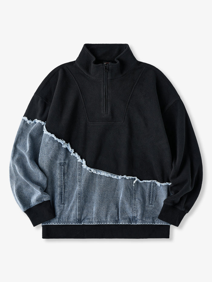 Reconstructed Washed Denim Patchwork Half-Zip Polar Fleece Sweatshirt