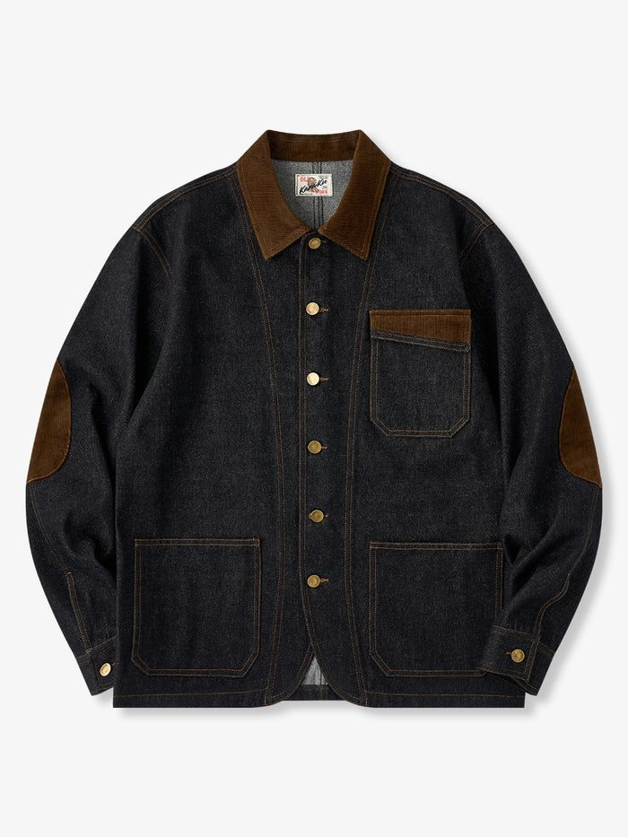 Corduroy-Trimmed Multi-Pocket Denim Work Jacket