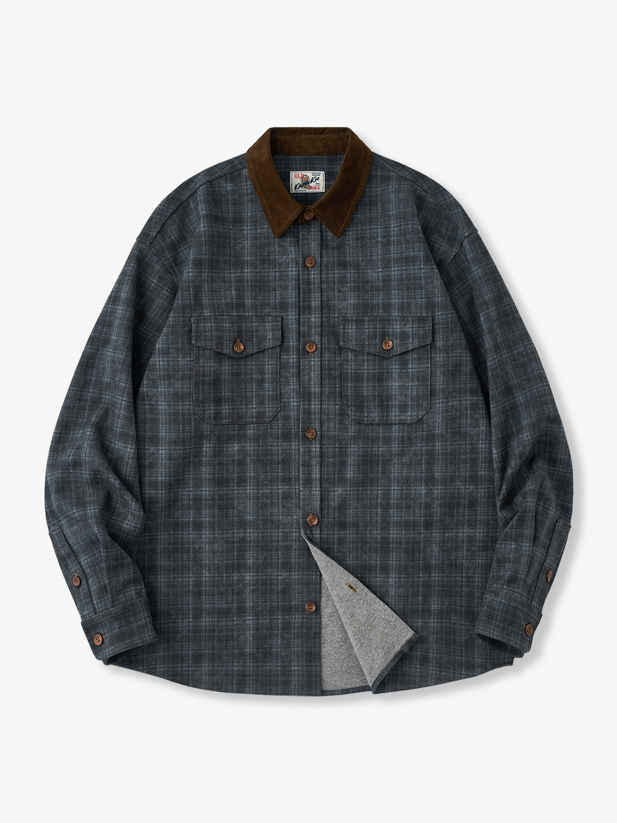 Corduroy-Collar Plaid Tweed Work Shirt