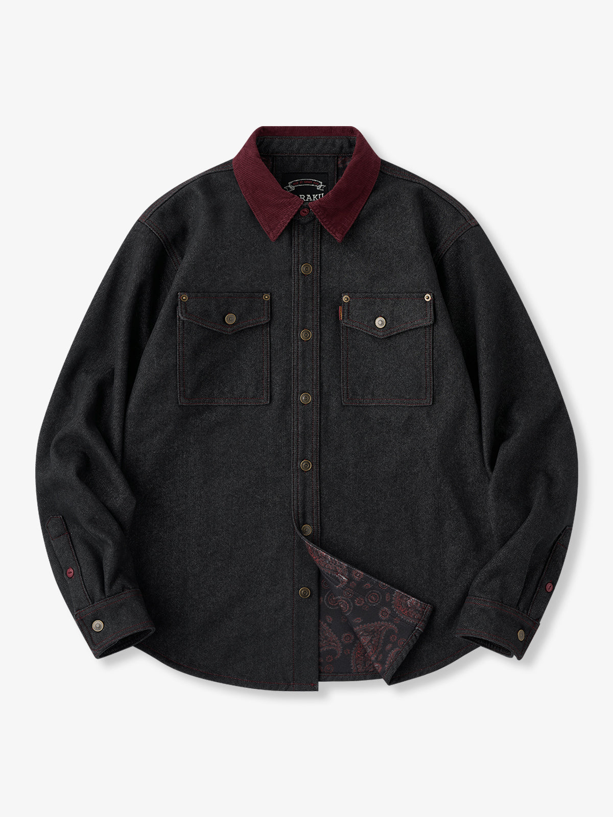 [Pre-Order] Corduroy Collar Fleece Lined Denim-Style Work Shirt with Paisley Interior