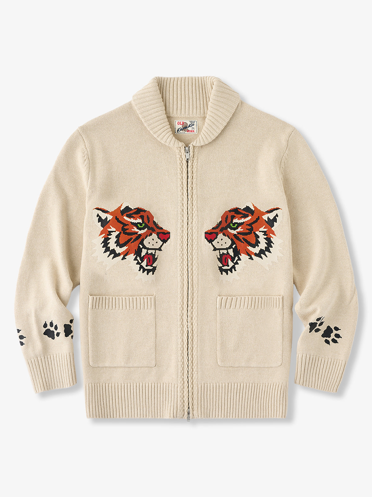 [Pre-Order] Tiger Graphic Shawl Collar Double-Zip Knit Cardigan