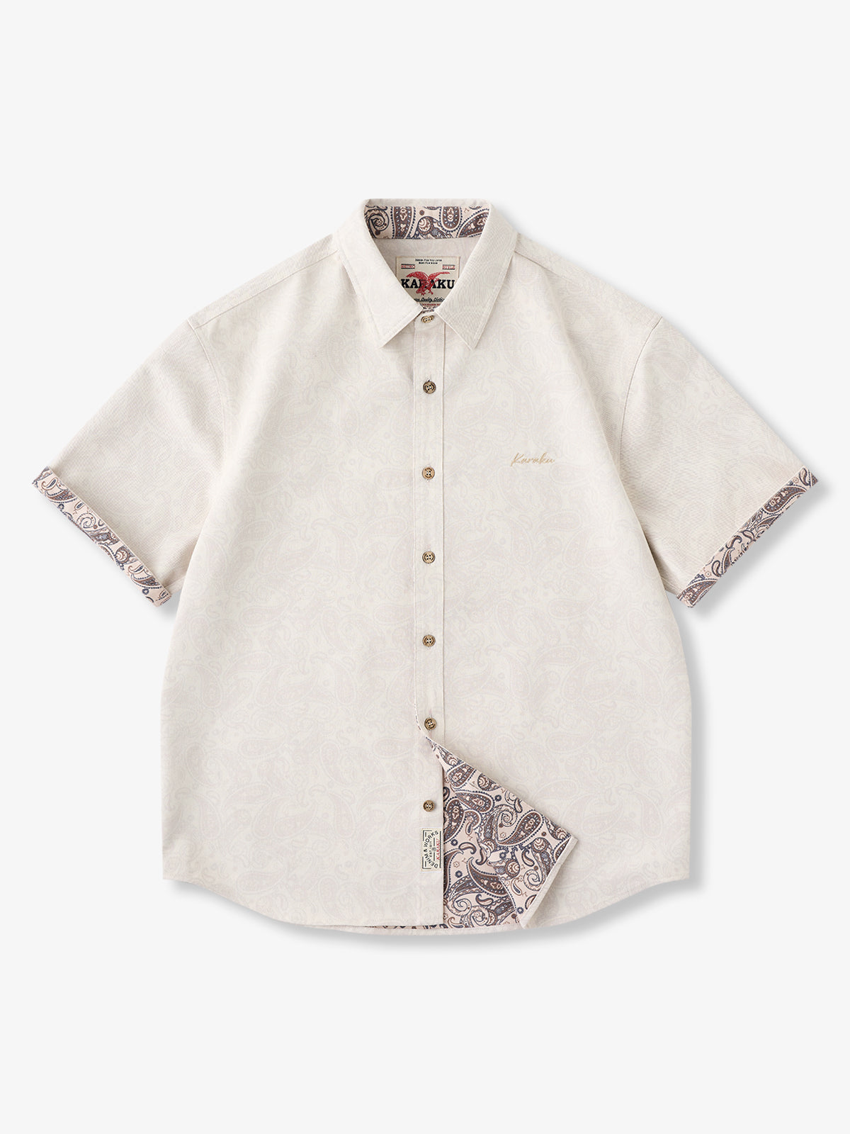 Paisley Lining Print KaraKu Embroidered Cotton Blend Twill Short Sleeve Shirt
