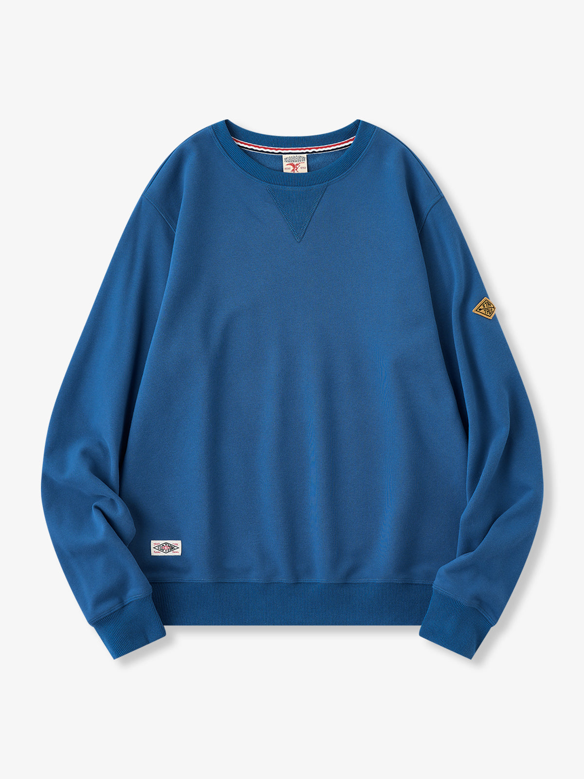 Navy Crewneck Sweatshirt with Sleeve Patch and Terry Lining