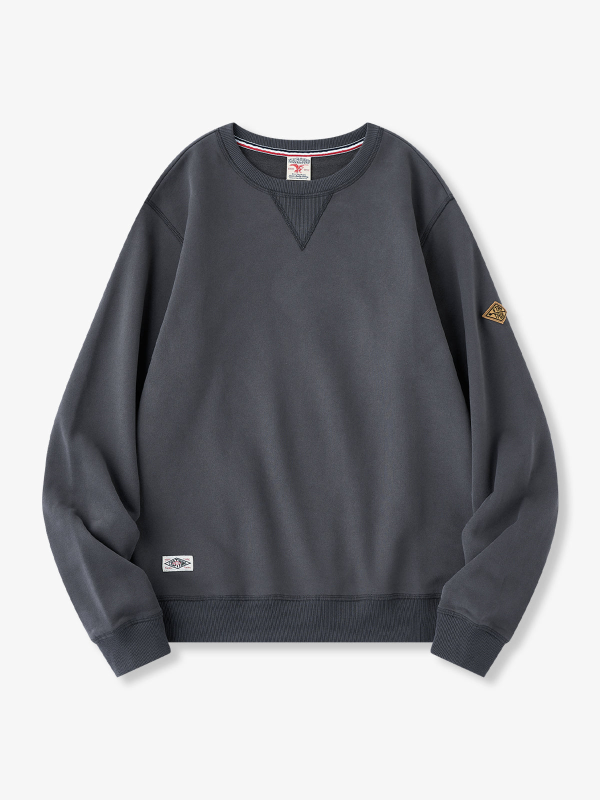 Navy Crewneck Sweatshirt with Sleeve Patch and Terry Lining