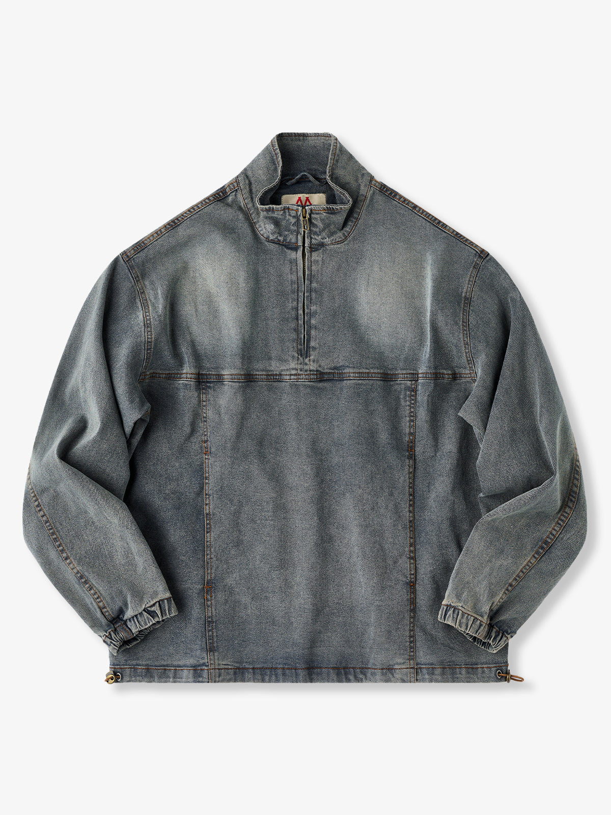 Washed Stand Collar Half-Zip Denim Pullover Shirt