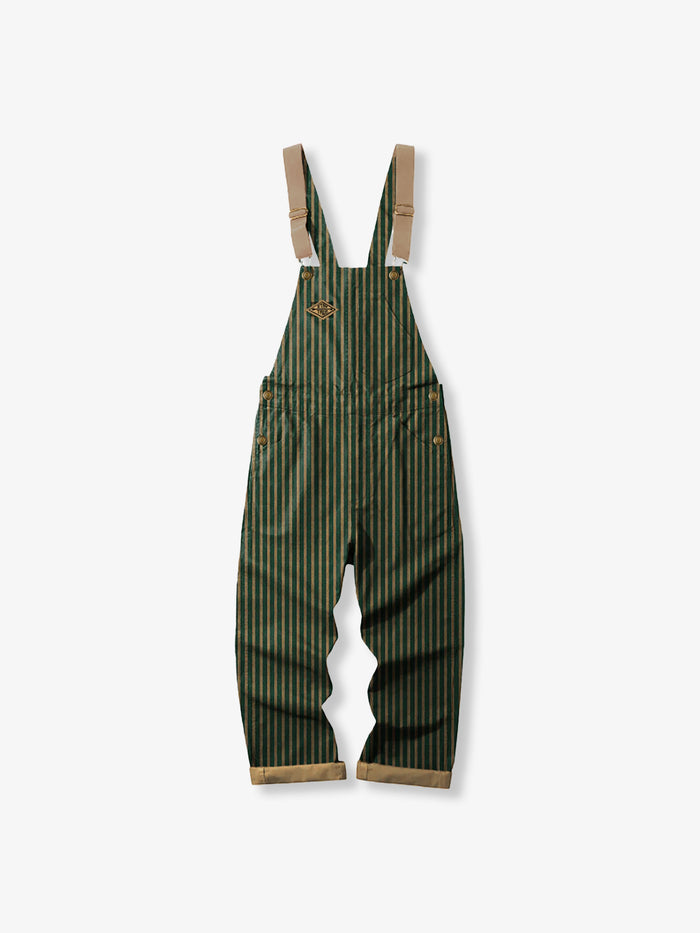 “STAY TRUE” Embroidered Patch Two-Tone Striped Overalls