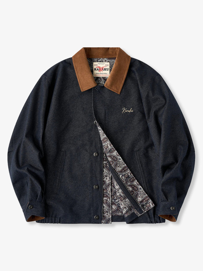 “KaraKu” Embroidered Denim Jacket with Paisley-Lined Interior and Corduroy Collar & Cuffs