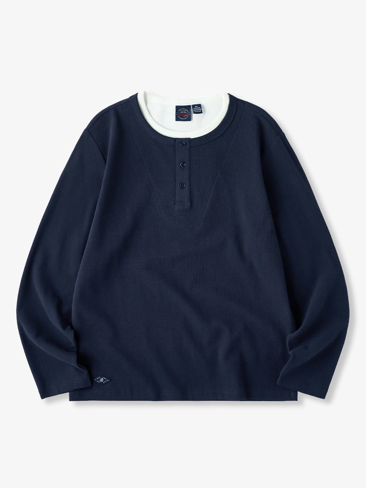 Mini Waffle Henley Long Sleeve Sweatshirt with Faux Layered Design