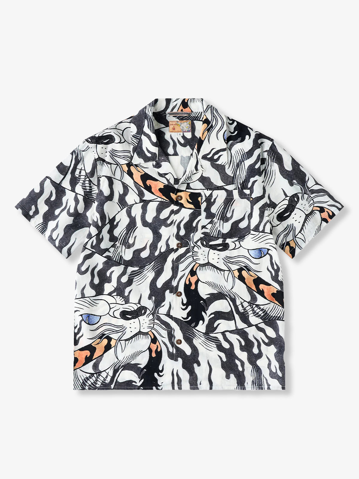 KARAKU×Ayako Ishiguro "White Tiger Biting the Tail" All-over Graphic Print Tencel Aloha Shirt