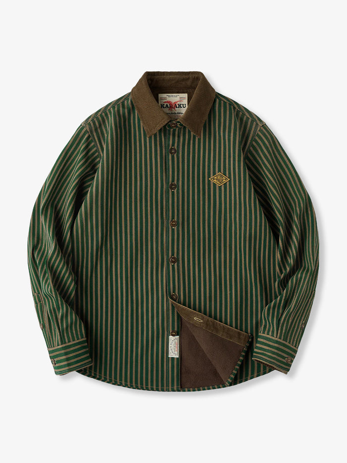 Fleece-Lined Stripe Shirt with ‘STAY TRUE’ Embroidered Patch