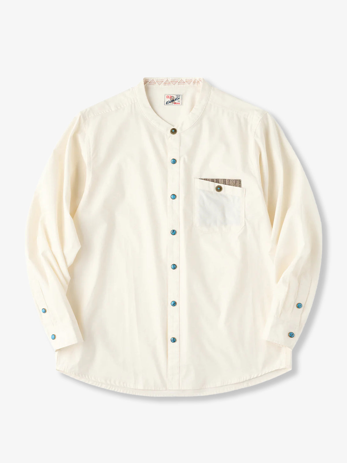 Ethnic Jacquard Turquoise Button Long Sleeve Shirt