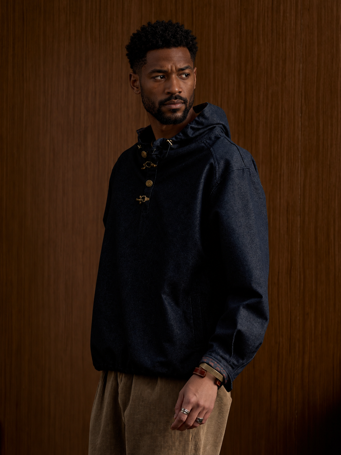 Hooded Ethnic Lined Denim Pullover Jacket
