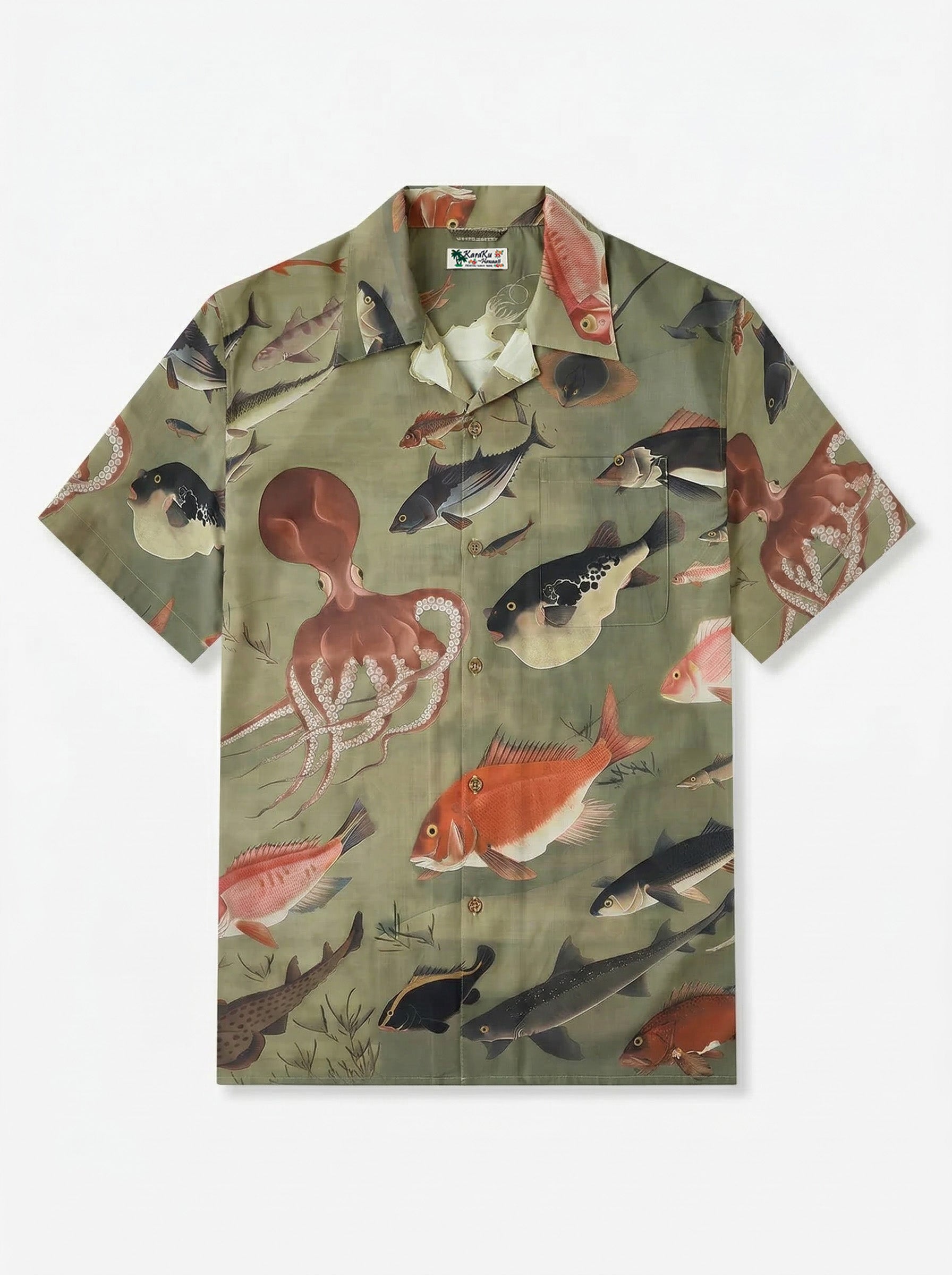 Ito Jakuchu “Group of Fish” Print Open-Collar Aloha Shirt