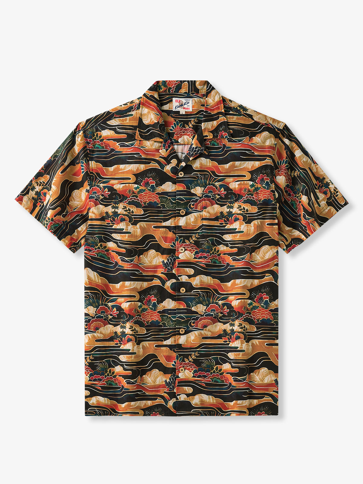 Ukiyo-e Inspired Waves & Clouds & Flowers Cotton Camp Shirt