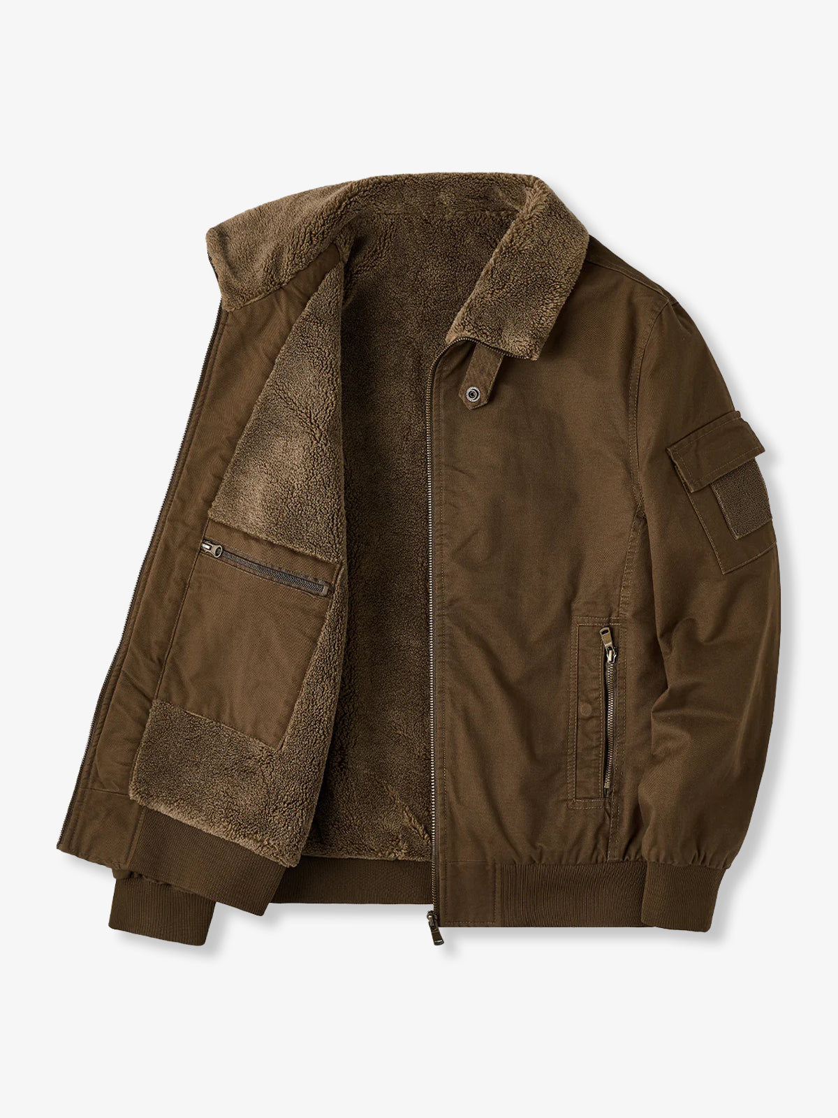 Fleece-Lined Cotton Aviator Jacket with Sleeve Velcro