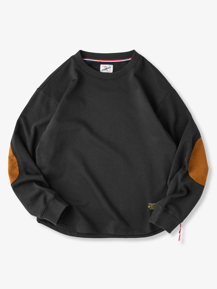 Terry-Lined Crewneck Sweatshirt with Red Drawstring & Suede Elbow Patches