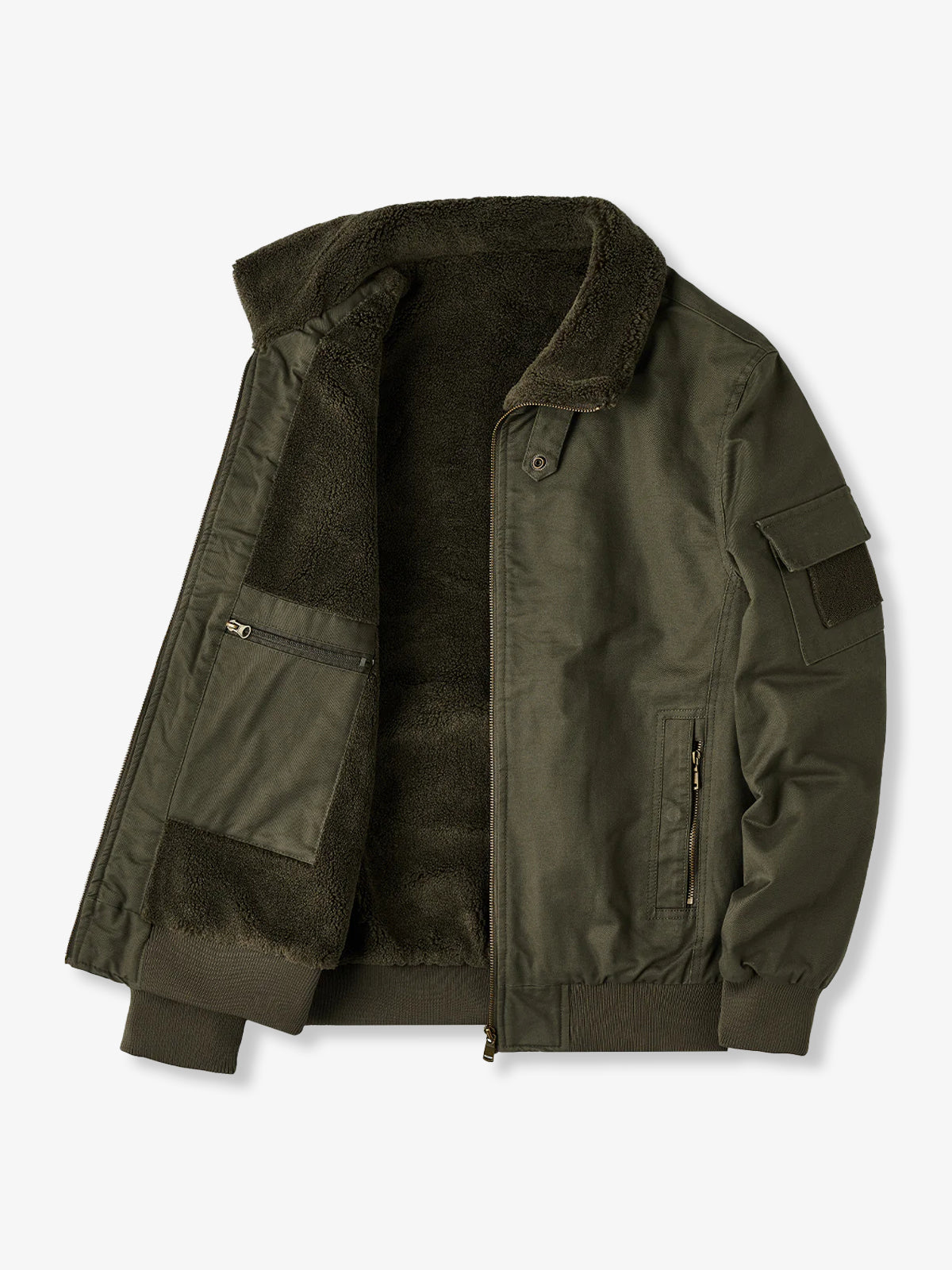 Fleece-Lined Cotton Aviator Jacket with Sleeve Velcro