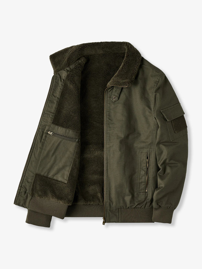Fleece-Lined Cotton Aviator Jacket with Sleeve Velcro